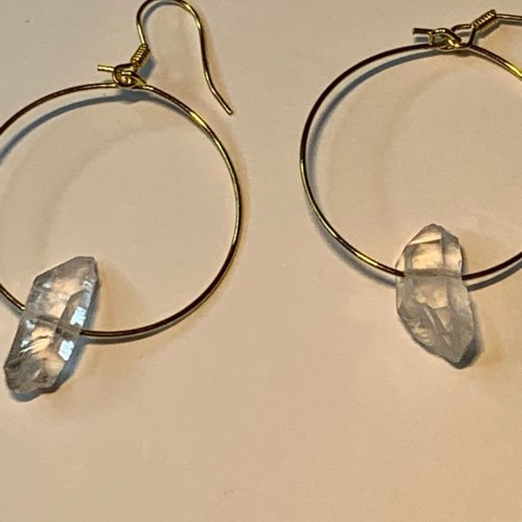 Clear quartz point hoop earrings 1.5”, gold tone - Picture 2 of 3